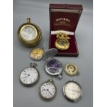 Rotary gold plated half hunter pocket watch, signed skeletonised dial with white Roman chapter ring,