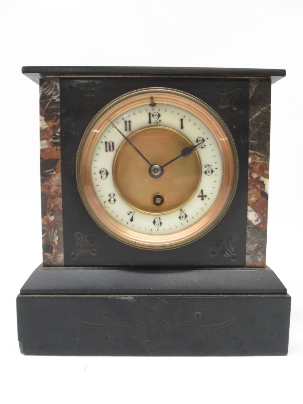 C19th French slate and marble timepiece, 3 3/4" dial, recessed matted brass centre, porcelain Arabic - Image 3 of 3