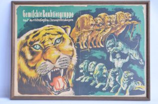 Vintage framed matt-glazed original poster for Gemischte Raubtiergruppe, German circus act Circa