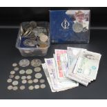 Collection of assorted GB and international coins and banknotes, incl. 23 pre-1947 GB silver content