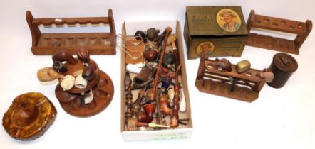 Collection of tobacco smoking pipes and pipe racks, and a Player's 'Digger' tobacco tin (qty)