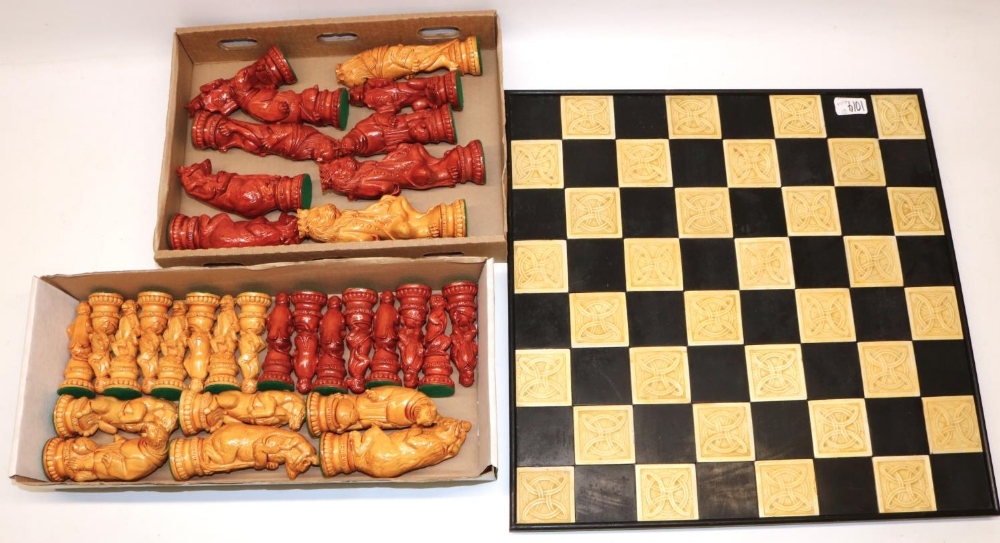 Reynard the Fox composite chess pieces and board, the pieces modelled as various animals, king