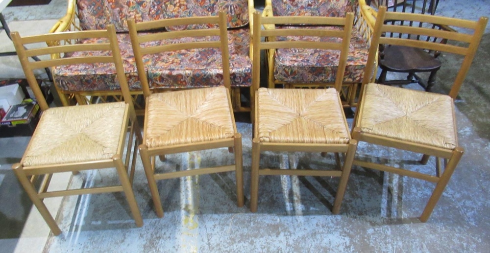 Set of four beech ladder back dining chairs with rush seats and a set of three vintage dark Ercol - Image 2 of 2