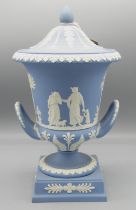 Wedgwood blue Jasperware two handled campagna urn and cover, H30cm