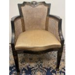 Adam Revival bergere arm chair, Chinoiserie decorated with pagodas and trelliswork on a black