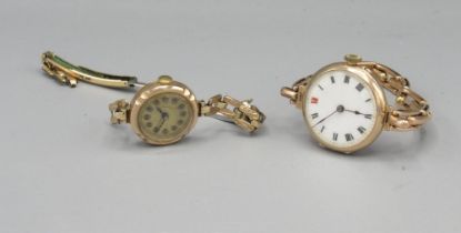 Ladies Dreadnought gold pin set wristwatch on Britannic rolled gold expanding bracelet, white enamel