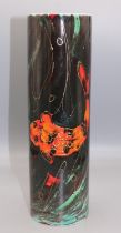 Anita Harris art pottery, cylindrical vase decorated with orange and black koi carp on dark blue