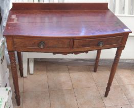 Victorian mahogany two drawer bow front side table on turned supports and small raised back, W92cm