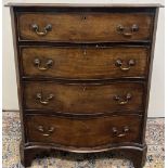 Small George 111 style mahogany serpentine chest of four long cockbeaded drawers with brass swan