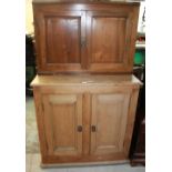 Victorian stripped pine two-door side cabinet on plinth base with later walnut cupboard top, W93cm