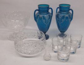 Pair of blue glass vases decorated with white enamel swags and leafage, H27cm, a glass punch bowl