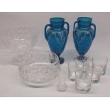 Pair of blue glass vases decorated with white enamel swags and leafage, H27cm, a glass punch bowl