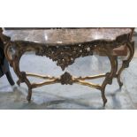 Rococo Revival giltwood marble top console table and mirror, W140 D45cm H225cm (2)