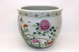 Large Chinese famille rose fish bowl jardiniere decorated with peonies, H32cm, A/F