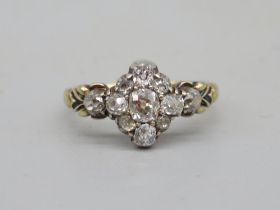 Victorian yellow metal old cut diamond cluster ring, with enamel detail to shoulders, O1/2, 3.3g