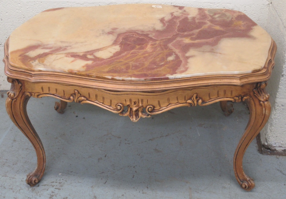 Rococo Revival coffee table, inset onyx top on moulded cabriole legs, W87cm D57cm H50cm
