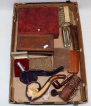 Humidor; EPNS cigar case; leather cigar case; cased carved meerschaum pipe with amber mouth piece;
