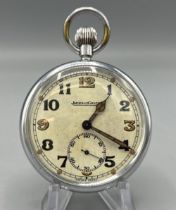 Jaeger LeCoultre chrome British Military Issue G.S.T.P. keyless pocket watch, signed cream Arabic