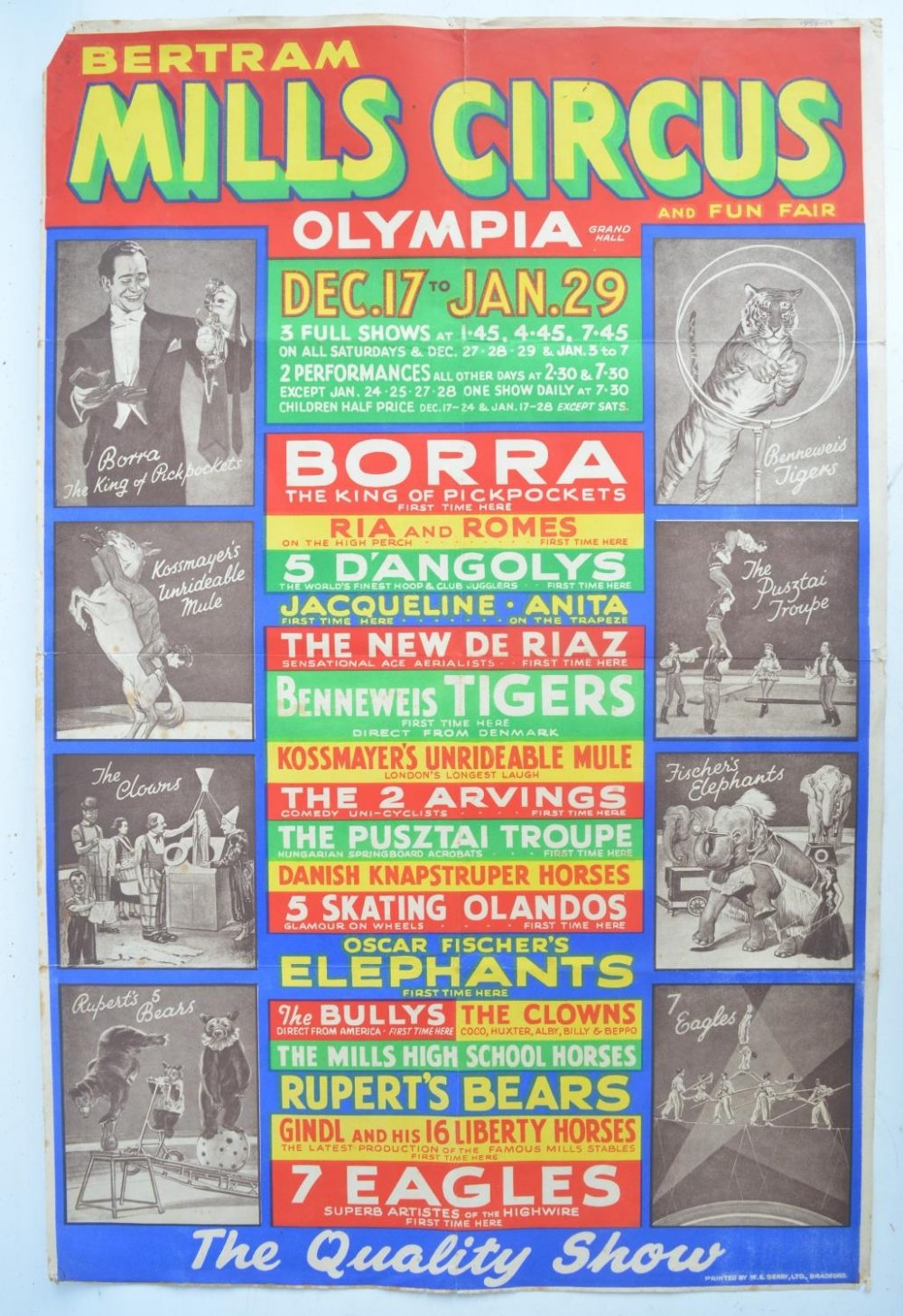 C1950s W.E.Berry advertising poster for Bertram Mills Circus Olympia, central text surrounded by