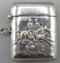 20th century continental silver rectangular vesta case, repoussé decorated with two hunt horses,