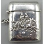 20th century continental silver rectangular vesta case, repoussé decorated with two hunt horses,