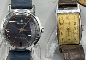 Services chrome plated wristwatch, signed blue sunburst dial, baton hours, snap on case back, EB