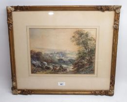 English School (19th century); Extensive landscape with castle in a wooded valley, 24cm x 34cm