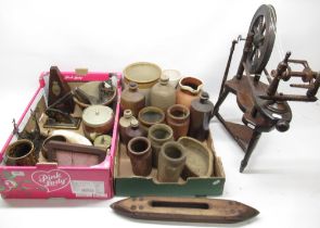 Various rustic collectables incl. Earthen wear pots, Wilson Peck & Co London piano metronome, wooden