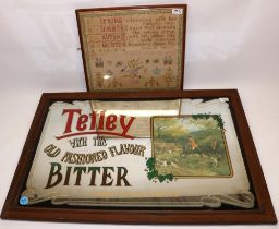 C20th Tetley Bitter pub mirror, W80cm H54.5cm and C20th Four Seasons sampler W40.5cm H38cm (2)