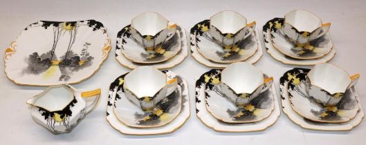 Shelley teaware: Sunrise and Tall Trees pattern, comprising six trios, milk jug, and sandwich