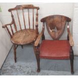 Swedish stick back elbow chair, circular seat on turned supports, and an oak low open arm chair with