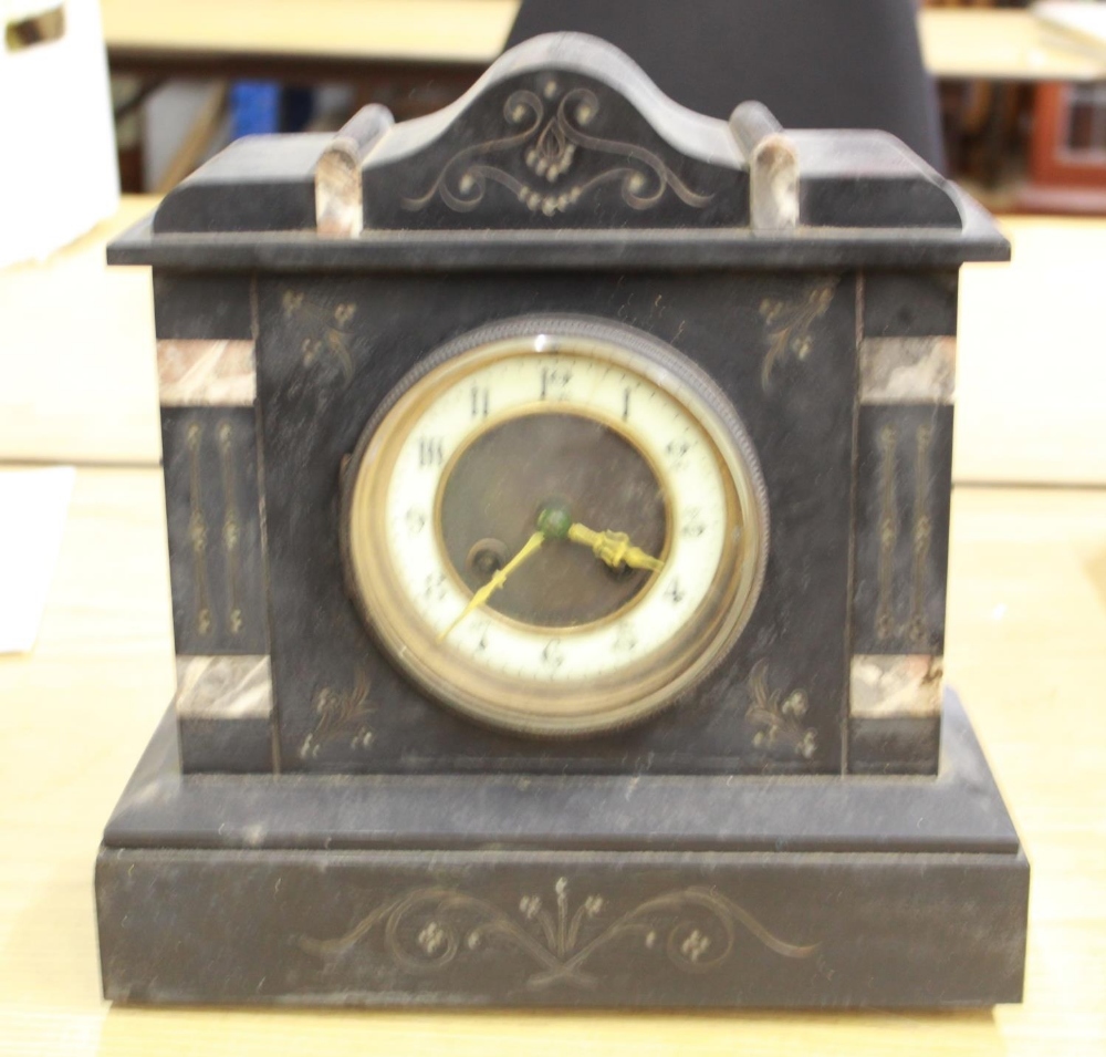 C19th French slate and marble mantel clock, 3 3/4" stepped brass dial with porcelain Arabic