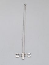 18ct white gold double cross pendant, L2.2cm, on 18ct white gold chain, L40cm, 5.3g, and a pair of