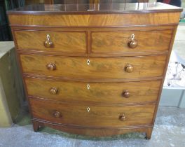 19th century mahogany bow front chest of two short and three long graduated drawers with turned