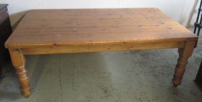 Large pine rectangular farmhouse kitchen table, on turned legs, W220cm D120 H78cm