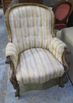 Victorian rosewood framed upholstered arm chair, on scroll carved cabriole legs, H92cm