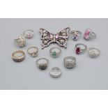 Collection of silver rings with various gemstones incl, a silver ring set with a pink sapphire and