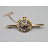 15ct gold and coloured enamel Royal Engineers sweetheart brooch, with safety chain, stamped 15ct