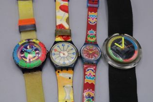 Pop Swatch quartz wristwatch, D46.9mm, and three other Swatch quartz wristwatches (4)