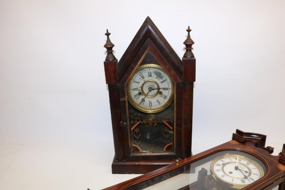 Comitti of London, inlaid mahogany Vienna style wall clock, moulded swan neck pediment over full - Image 2 of 3
