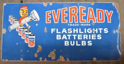 Large enamel steel plate advertising sign for Eveready Flashlights, Batteries and Bulbs, 182.5x91.