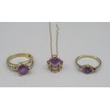 Two 9ct gold amethyst and clear stone rings and a similar pendant, 7.1g (3)