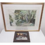 English School (C20th); Wooded river landscape, watercolour heightened with white, indistinctly