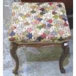 Victorian mahogany framed square stool, woolwork top with shaped frieze on moulded cabriole legs,