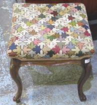 Victorian mahogany framed square stool, woolwork top with shaped frieze on moulded cabriole legs,