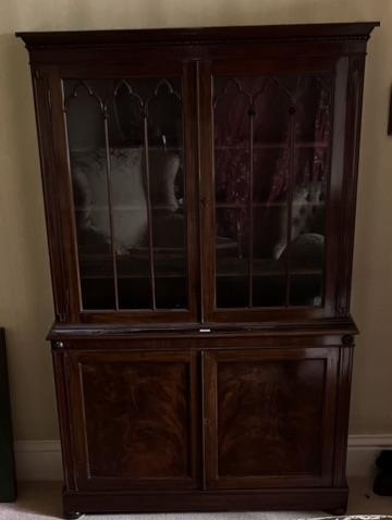 C19th mahogany side cabinet, lobed cornice above a pair of gothic moulded glazed doors, the base - Image 2 of 4