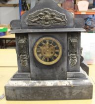 S. Marti et Cie C19th slate and marble mantle clock with cast Classical mounts, 4 1/2" stepped brass