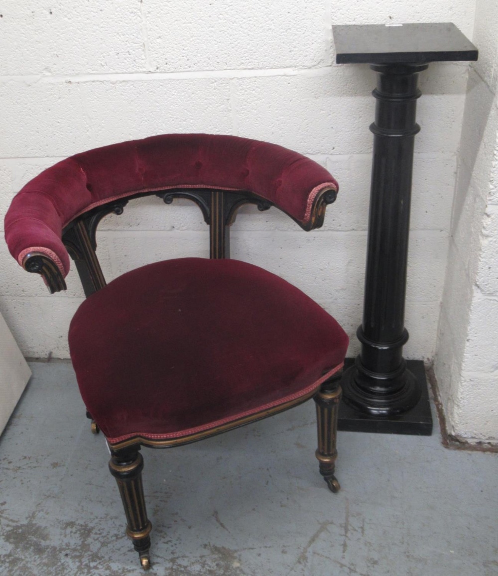 Victorian ebonised and gilt open elbow chair, upholstered bow back and seat on fluted supports