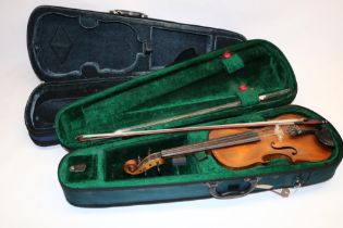 Vintage mahogany violin, L60cm, with bow, L75cm, in fitted case, and an empty violin case