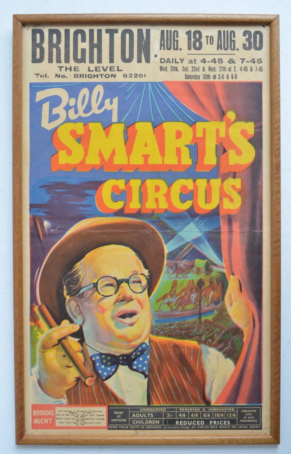 Framed unglazed original event poster for Billy Smart's Circus, The Level, Brighton Circa 1950's.